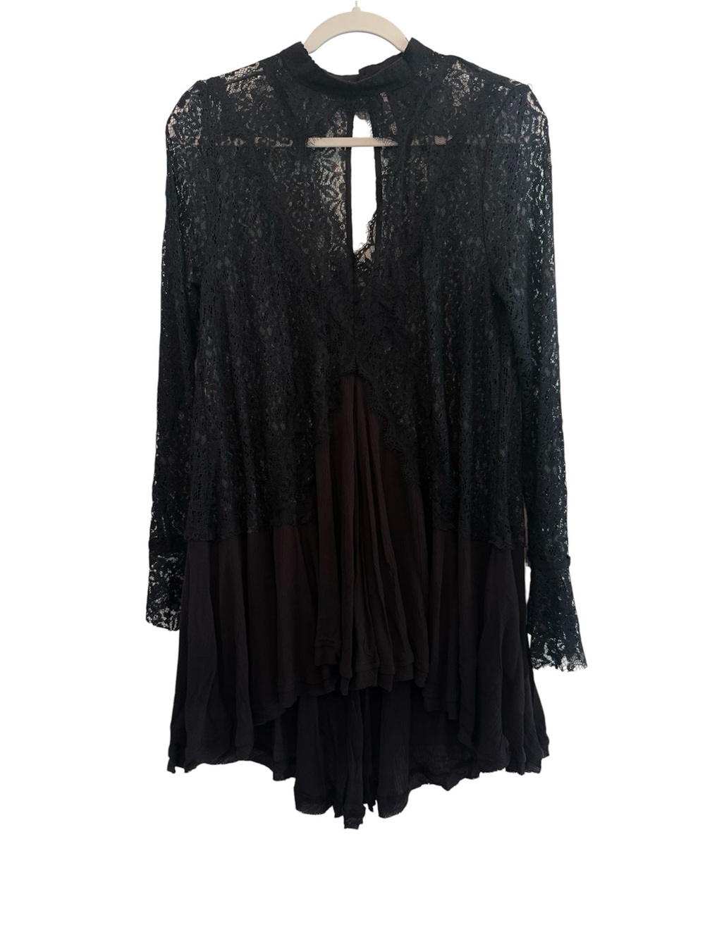 Free People Tell Tale Black Lace Long Sleeve Tunic, Mini Dress Bell Sleeves Boho - Picture 4 of 9